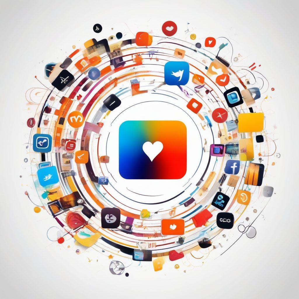 A dynamic collage of popular online video platforms, creative video editing tools, and social media icons, all connected by vibrant swirling lines representing viral content spreading rapidly. Lively and energetic composition with vibrant colors, showcasing the excitement of creating and sharing video clips. vector art. vibrant colors. white background.